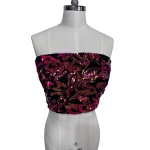 L'Atiste‎ by Amy Sequin Tube Top Strapless Black Pink Glitter Party Crop Top Med